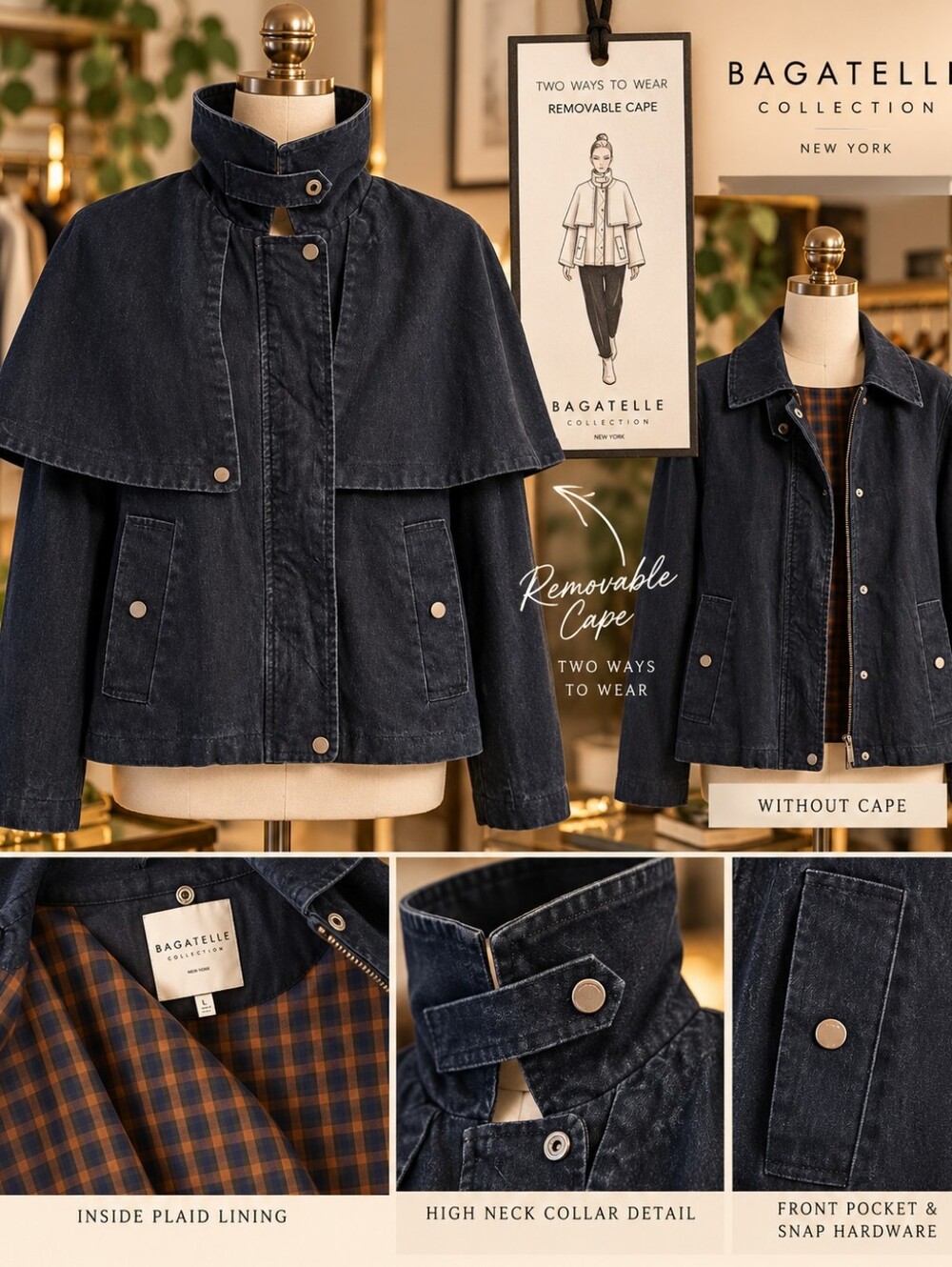Bagatelle NWT Size L Dark Denim Jacket Removable Cape 100% Cotton